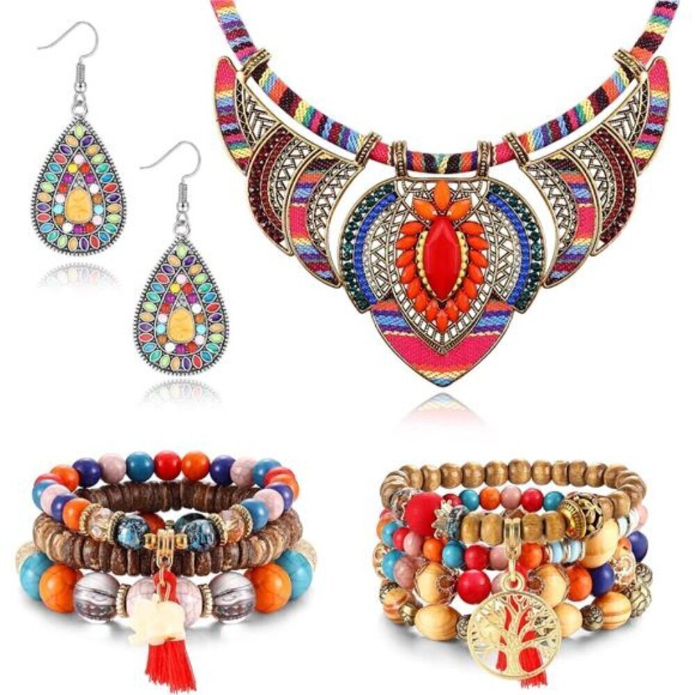 4 Pcs Bohemian Jewelry Set for Women Style Costume Necklace Colorful beads